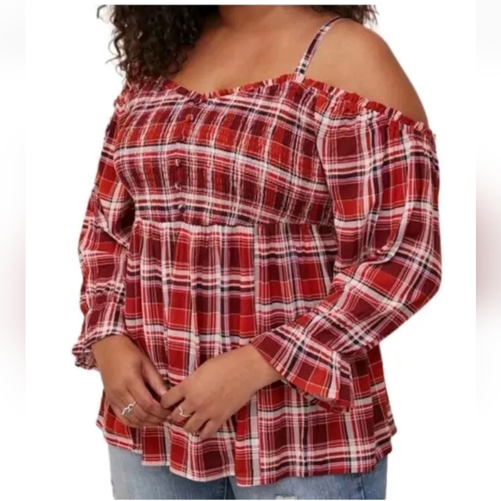 Torrid Blouse Woman Plus 4X Babydoll Crinkle Gauze Red Plaid Cold Shoulder Top